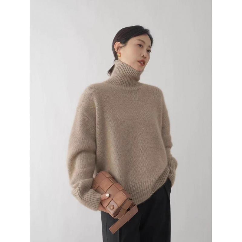 Herbst und Winter Damen Verdickter einfarbiger Strickpullover Hoher Halsausschnitt Kurzer Abschnitt Kopf Lockerer Lazy Sweater XXL kamelfarben von Joom DACH