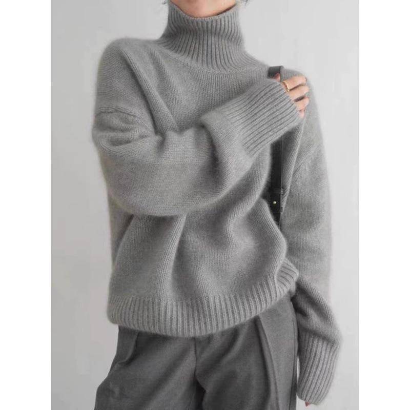 Herbst und Winter Damen Verdickter einfarbiger Strickpullover Hoher Halsausschnitt Kurzer Abschnitt Kopf Lockerer Lazy Sweater XXL graue von Joom DACH