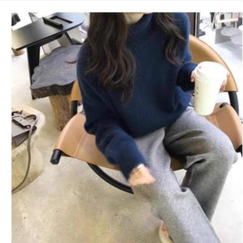 Herbst und Winter Damen Verdickter einfarbiger Strickpullover Hoher Halsausschnitt Kurzer Abschnitt Kopf Lockerer Lazy Sweater XXL dunkelblau von Joom DACH