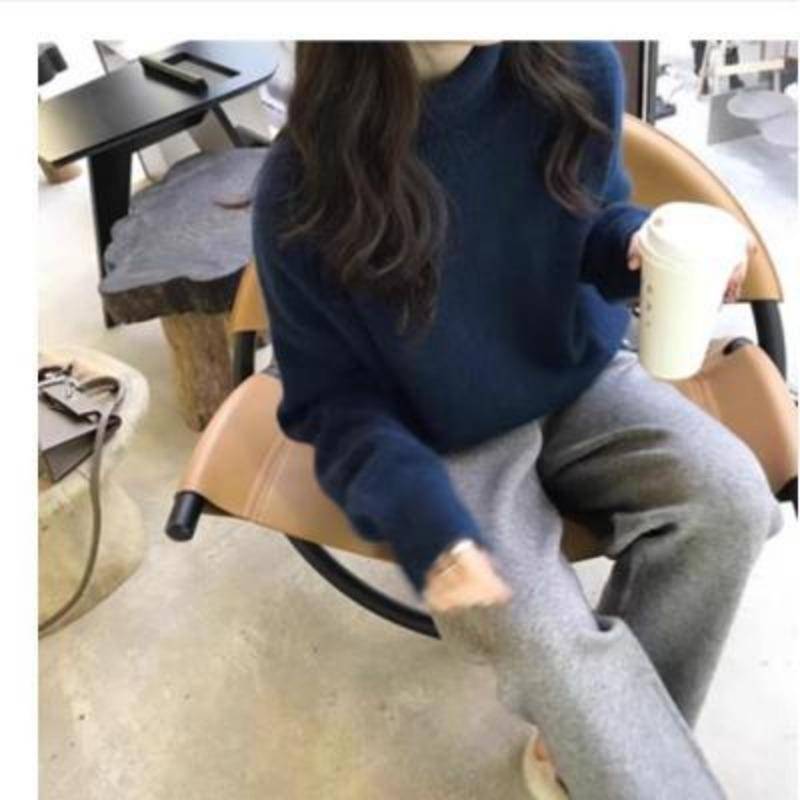 Herbst und Winter Damen Verdickter einfarbiger Strickpullover Hoher Halsausschnitt Kurzer Abschnitt Kopf Lockerer Lazy Sweater XXL dunkelblau von Joom DACH