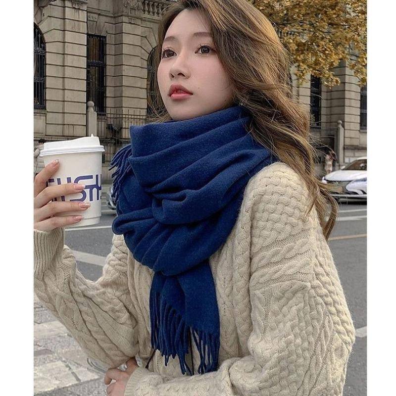 Herbst und Winter Damen Vintage Reine Farbe Verdickter Thermo-Quastenschal navy blau von Joom DACH