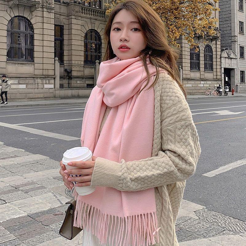 Herbst und Winter Damen Vintage Reine Farbe Verdickter Thermo-Quastenschal rosa von Joom DACH