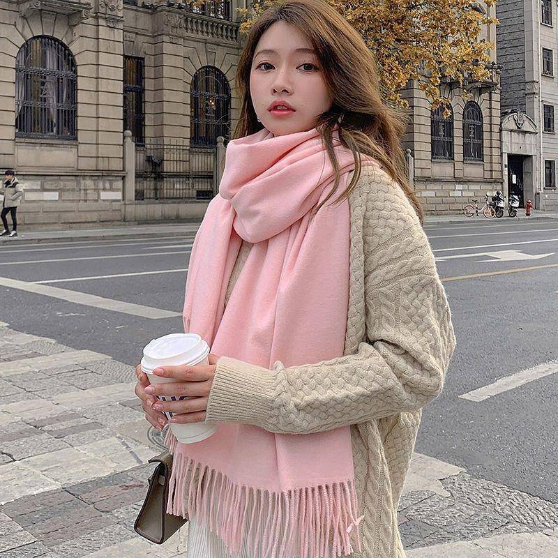 Herbst und Winter Damen Vintage Reine Farbe Verdickter Thermo-Quastenschal rosa von Joom DACH