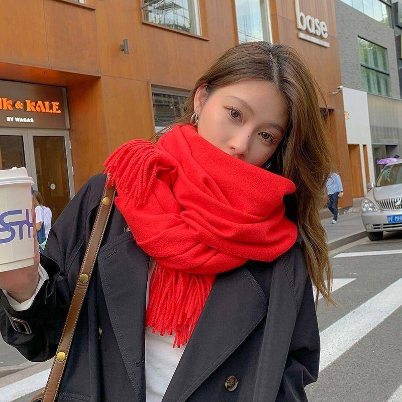 Herbst und Winter Damen Vintage Reine Farbe Verdickter Thermo-Quastenschal rot von Joom DACH