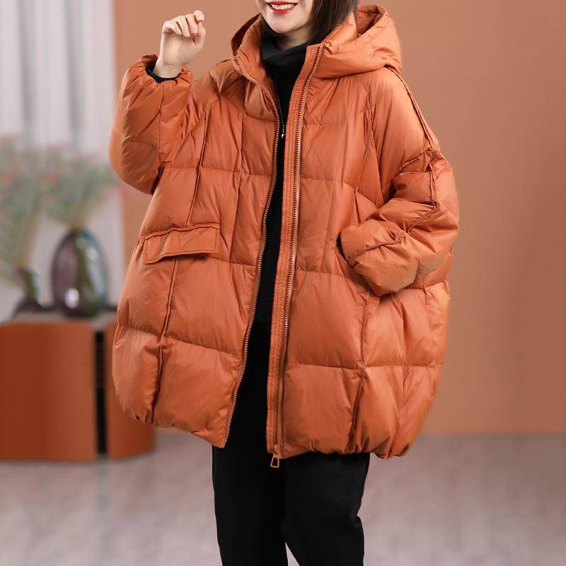 Herbst und Winter Damen Weiße Entendaunenjacke Kapuze Warm Übergroßer Puffer Mantel Weiblich Lässig Locker Parkas Tasche Oberbekleidung One Size orange von Joom DACH