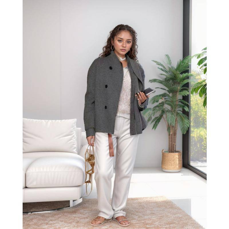 Herbst und Winter Damen Zweireihiger Grauer Mantel Kurzer Mantel L von Joom DACH