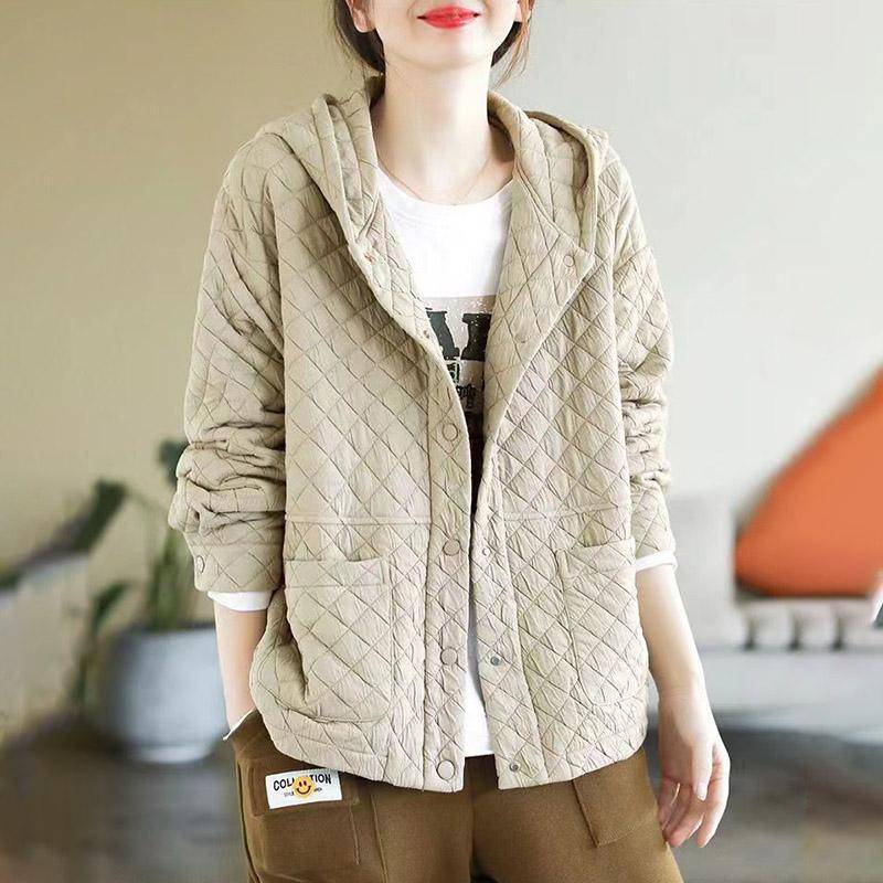 Herbst und Winter Damen literarische Retro einfarbig Kapuze gesteppt lose All-Match dünne warme Baumwolljacke L beige von Joom DACH