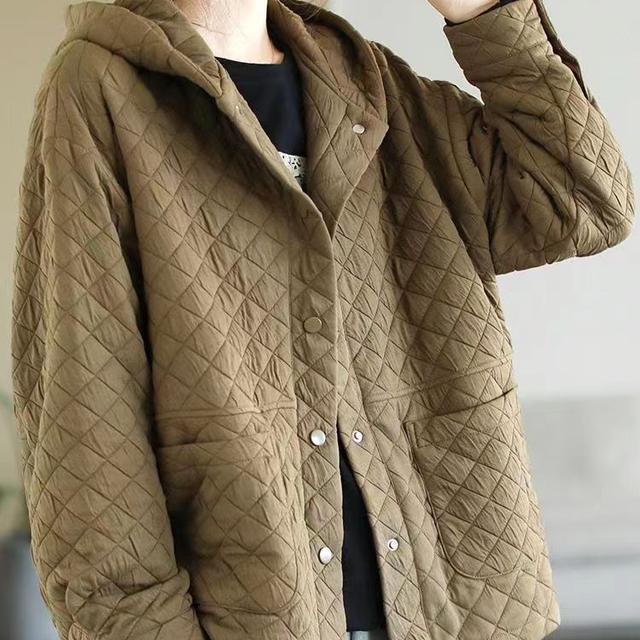 Herbst und Winter Damen literarische Retro einfarbig Kapuze gesteppt lose All-Match dünne warme Baumwolljacke M kaffeebraun von Joom DACH