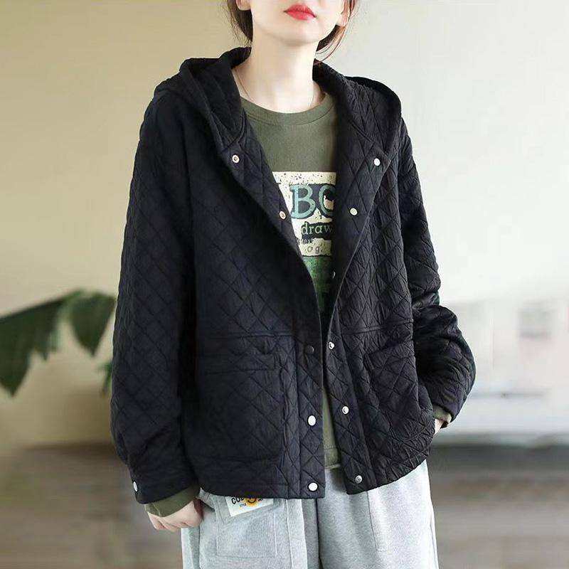 Herbst und Winter Damen literarische Retro einfarbig Kapuze gesteppt lose All-Match dünne warme Baumwolljacke S schwarz von Joom DACH