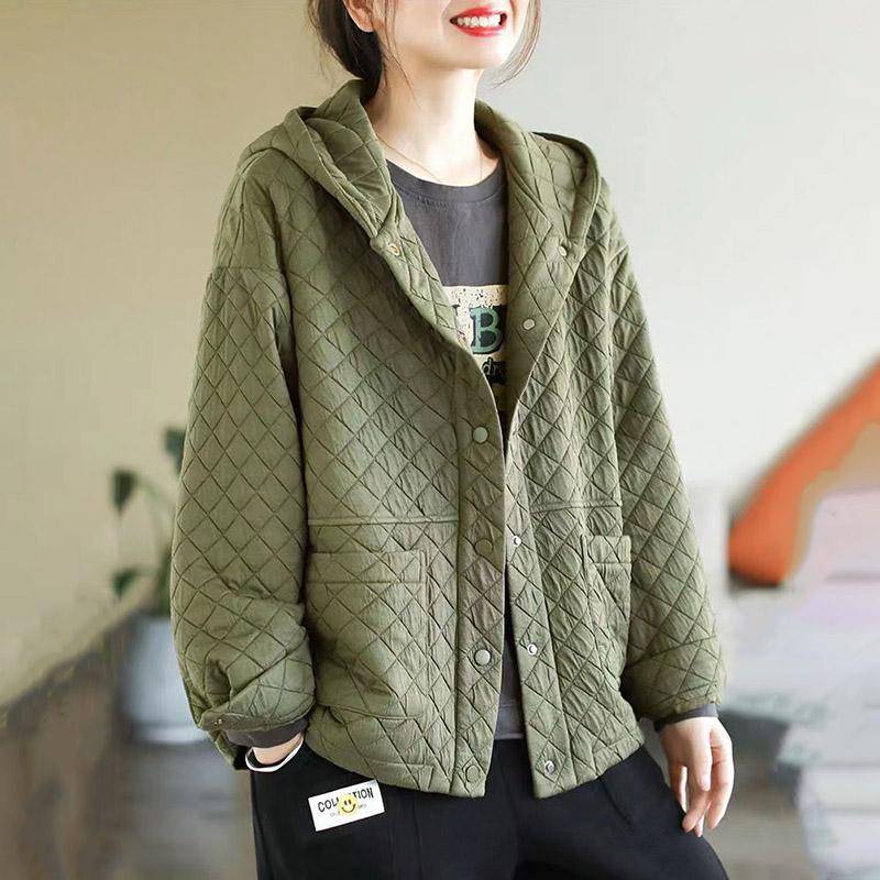 Herbst und Winter Damen literarische Retro einfarbig Kapuze gesteppt lose All-Match dünne warme Baumwolljacke XXL grün von Joom DACH