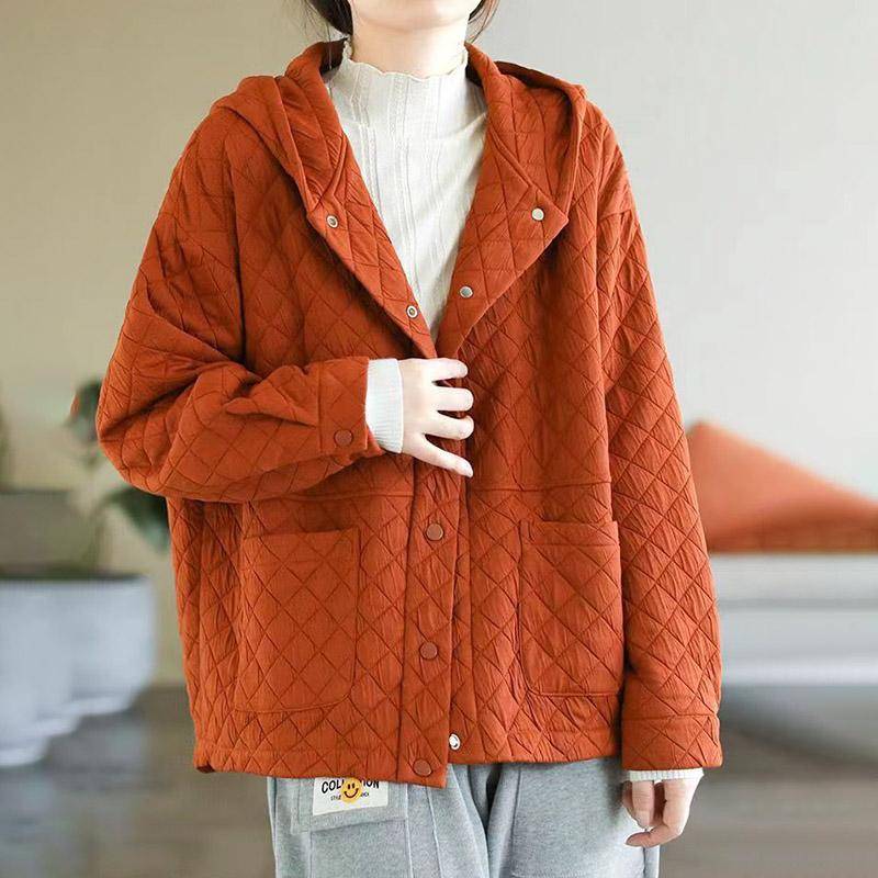 Herbst und Winter Damen literarische Retro einfarbig Kapuze gesteppt lose All-Match dünne warme Baumwolljacke XXL orange von Joom DACH