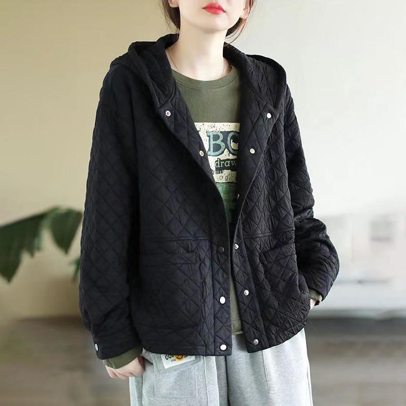 Herbst und Winter Damen literarische Retro einfarbig Kapuze gesteppt lose All-Match dünne warme Baumwolljacke XXL schwarz von Joom DACH