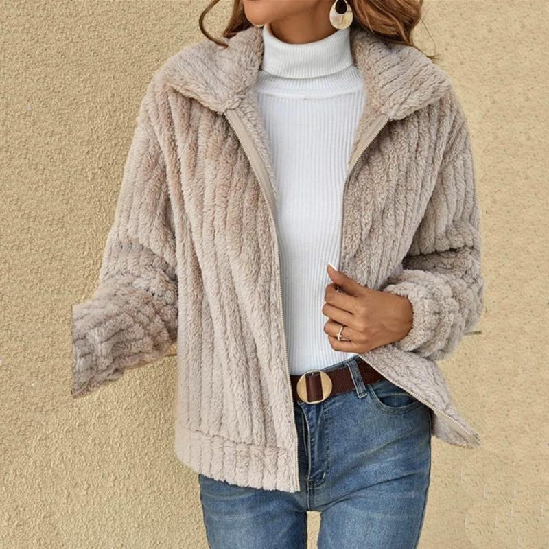 Herbst und Winter Damenmantel Bequemer lässiger Pit Strip Flauschiger Cardigan Revers Kurzmantel Damen Wollmantel L von Joom DACH