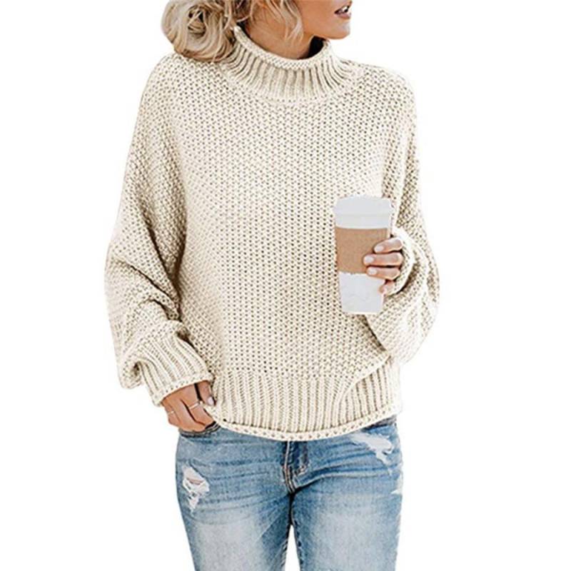 Herbst und Winter Damenpullover Strickpullover Garnpullover Damen Pullover mit gewelltem Saum Hoher Kragen Fledermausärmel Einfarbiges Oberteil L weiß von Joom DACH