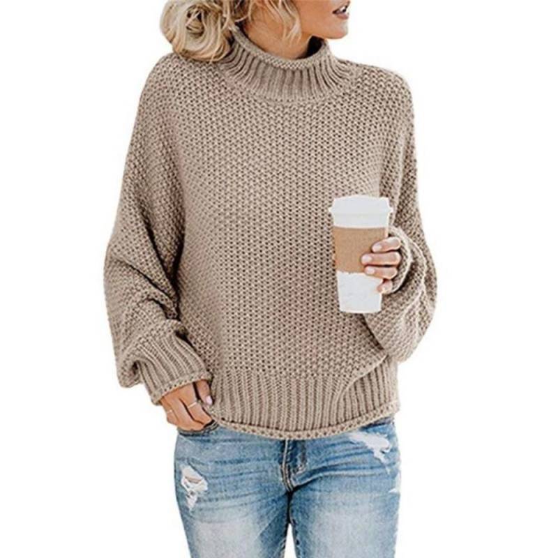 Herbst und Winter Damenpullover Strickpullover Garnpullover Damen Pullover mit gewelltem Saum Hoher Kragen Fledermausärmel Einfarbiges Oberteil L von Joom DACH