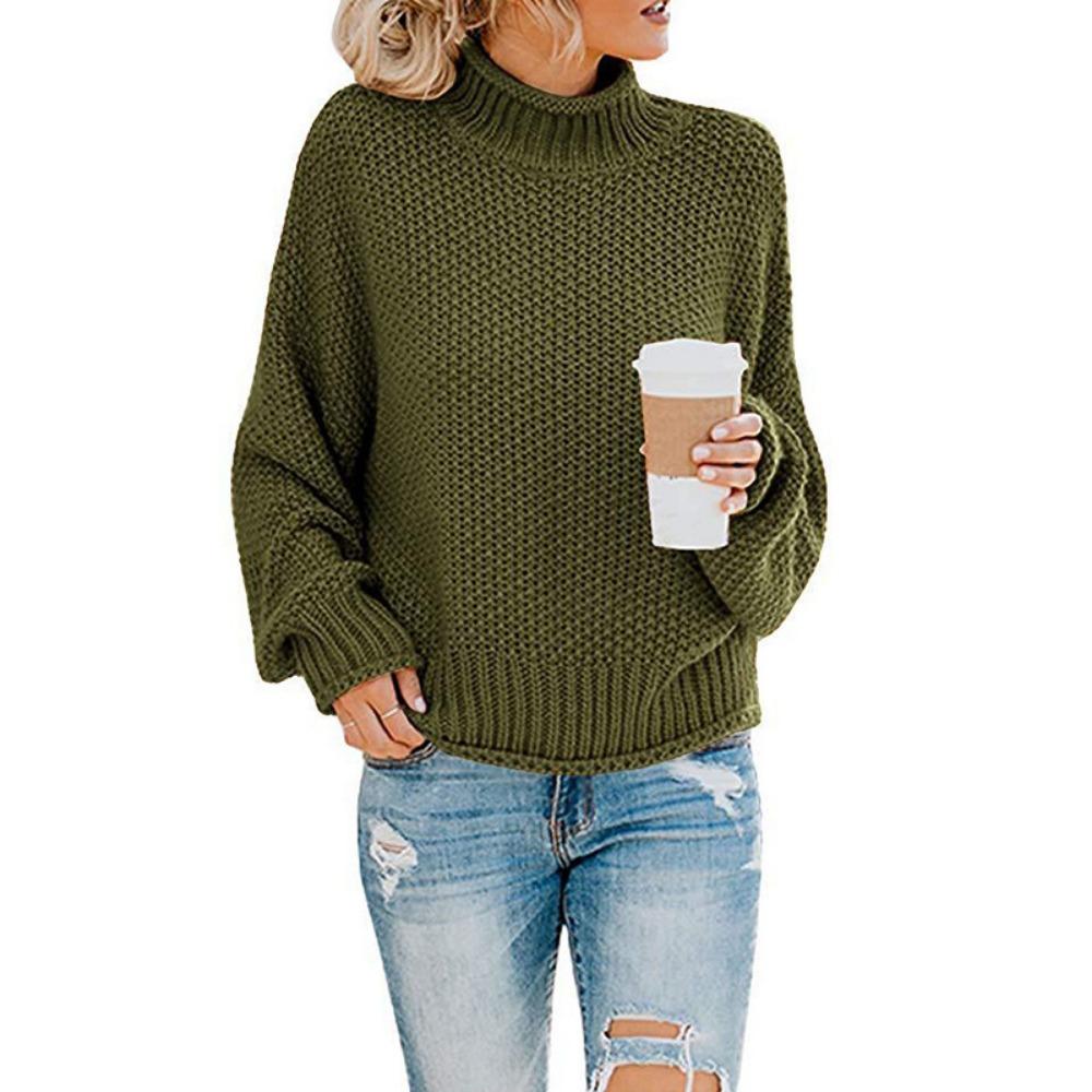 Herbst und Winter Damenpullover Strickpullover Garnpullover Damen Pullover mit gewelltem Saum Hoher Kragen Fledermausärmel Einfarbiges Oberteil S armee grüne von Joom DACH
