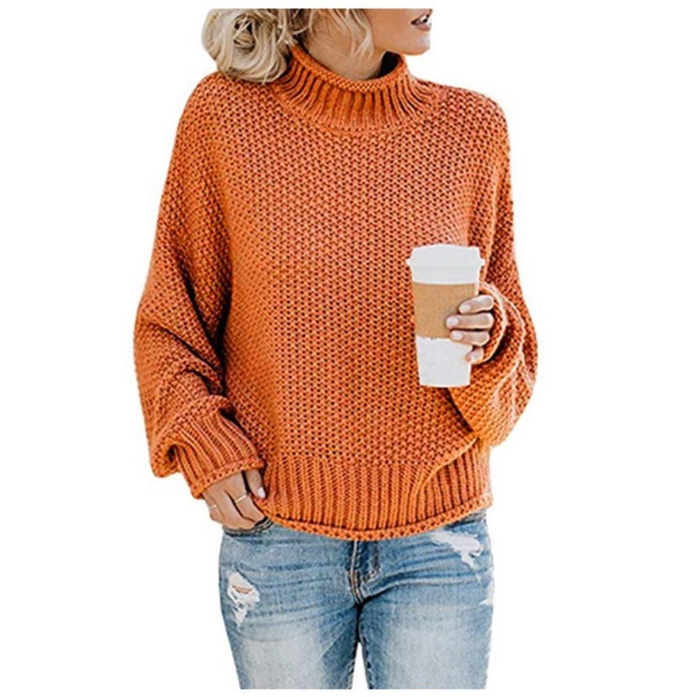 Herbst und Winter Damenpullover Strickpullover Garnpullover Damen Pullover mit gewelltem Saum Hoher Kragen Fledermausärmel Einfarbiges Oberteil S orange von Joom DACH