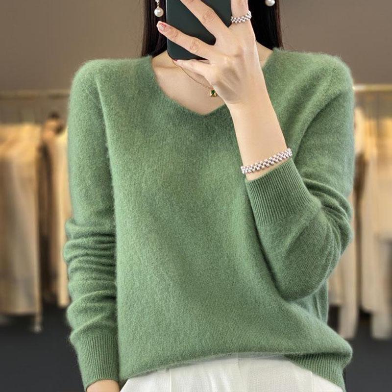 Herbst und Winter Damenpullover V-Ausschnitt Einfarbiger Strickpullover aus reiner Wolle Inside Out Bottoming Top Wollpullover 2XL grün von Joom DACH