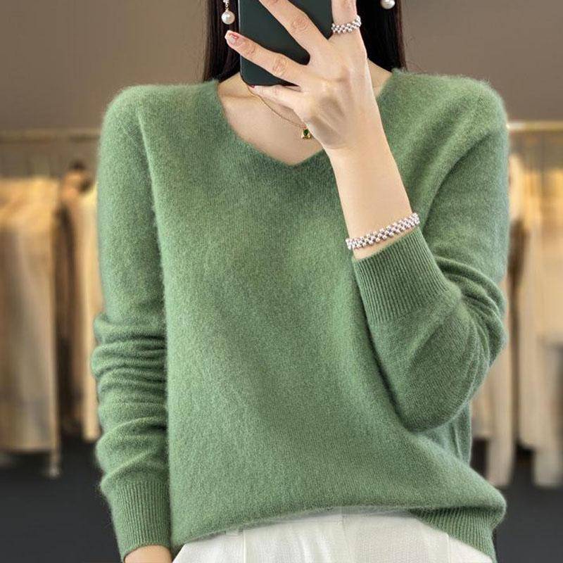 Herbst und Winter Damenpullover V-Ausschnitt Einfarbiger Strickpullover aus reiner Wolle Inside Out Bottoming Top Wollpullover 2XL grün von Joom DACH