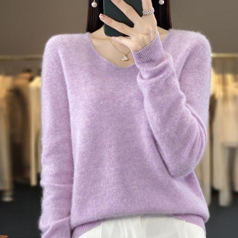 Herbst und Winter Damenpullover V-Ausschnitt Einfarbiger Strickpullover aus reiner Wolle Inside Out Bottoming Top Wollpullover S licht lila von Joom DACH