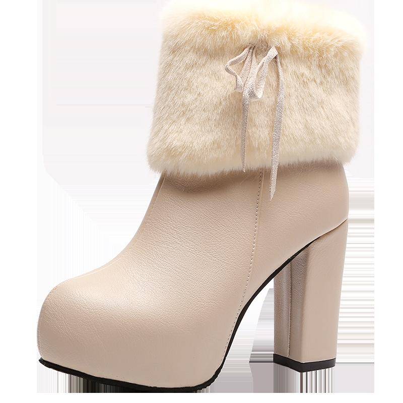 Herbst und Winter Dicke Absatzstiefel Damen High Heel Warme Kurze Stiefel Schleife 37 beige von Joom DACH