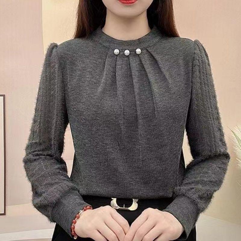 Herbst und Winter Dicke Ausführung Gepolstertes Design Sinn Hemd Damen Bauch kaschierend Ausländischer Stil Spleißen Gestricktes Unterhemd Langarmbluse 3XL von Joom DACH