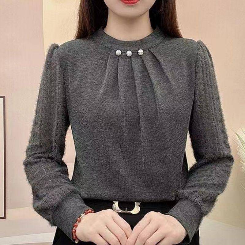 Herbst und Winter Dicke Ausführung Gepolstertes Design Sinn Hemd Damen Bauch kaschierend Ausländischer Stil Spleißen Gestricktes Unterhemd Langarmbluse 3XL von Joom DACH