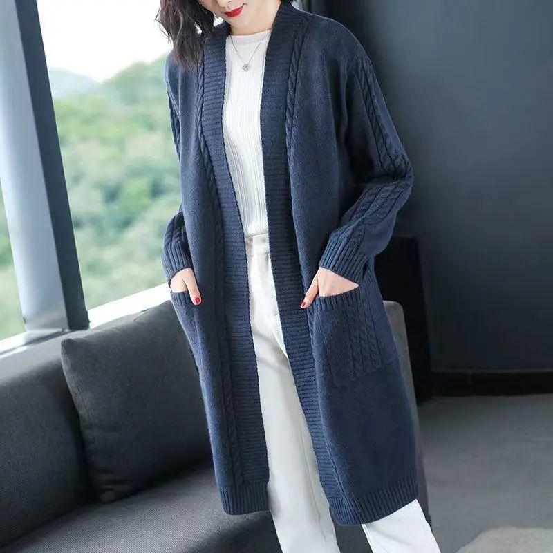 Herbst und Winter Einfarbig V-Ausschnitt Mittellang Gestrickte Strickjacke Damen Koreanischer Stil Western-Mode Allround Einfache Jacke Oberteil M navy blau von Joom DACH