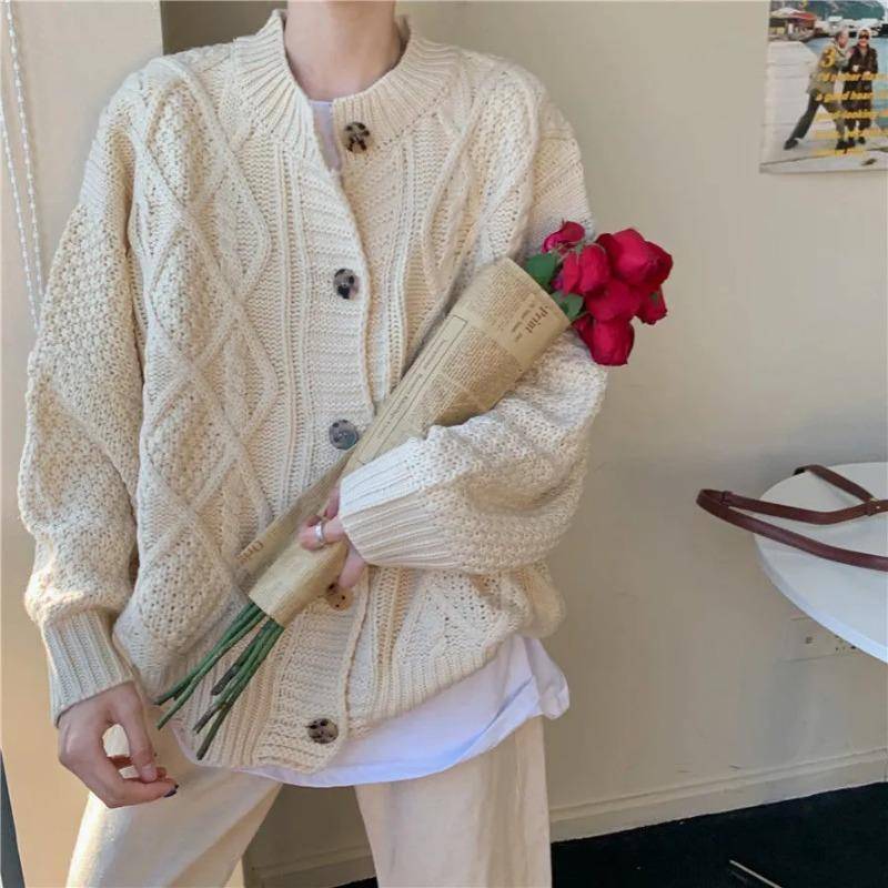 Herbst und Winter Fauler Strickpullover Zopfmusterpullover Studentin College-Stil Lockerer Cardigan Top Pullover Damen L von Joom DACH