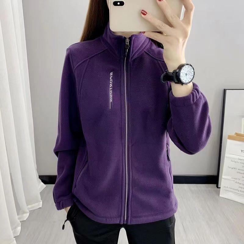 Herbst und Winter Fleecejacke Damen Casual Fleecejacke Stehkragen Dicke Strickjacke Sport Outdoor Warm Hoodie Top 2XL violett von Joom DACH
