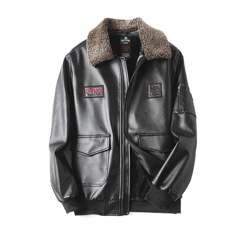 Herbst und Winter Fliegeranzug mit Samtrevers Leder Herren Bedruckte bestickte Reißverschluss Lederjacke Herrenmantel 60 von Joom DACH