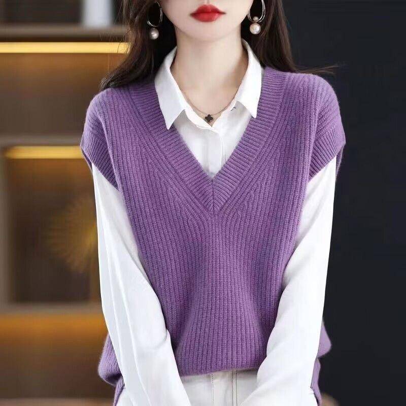 Herbst und Winter Gestrickte Weste Frauen V-ausschnitt Feste Fledermaus Shirt Lose Vielseitig Ärmelloses Strick Pullover Pullover Weibliche Top One Size Violett von Joom DACH