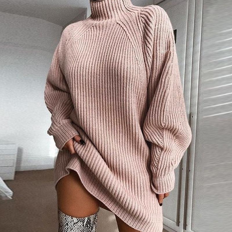 Herbst und Winter Halber Stehkragenpullover Damen Strickmode Unregelmäßig Locker Übergröße Warm Mittellang Bis Lang Strickpullover Pullover für Damen XXL rosa von Joom DACH