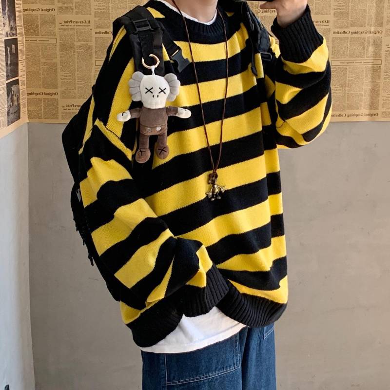 Herbst und Winter Herren Casual Fashion Gestreifter Pullover Lose Rundhals Paar Strickpullover XL gelb/schwarz von Joom DACH