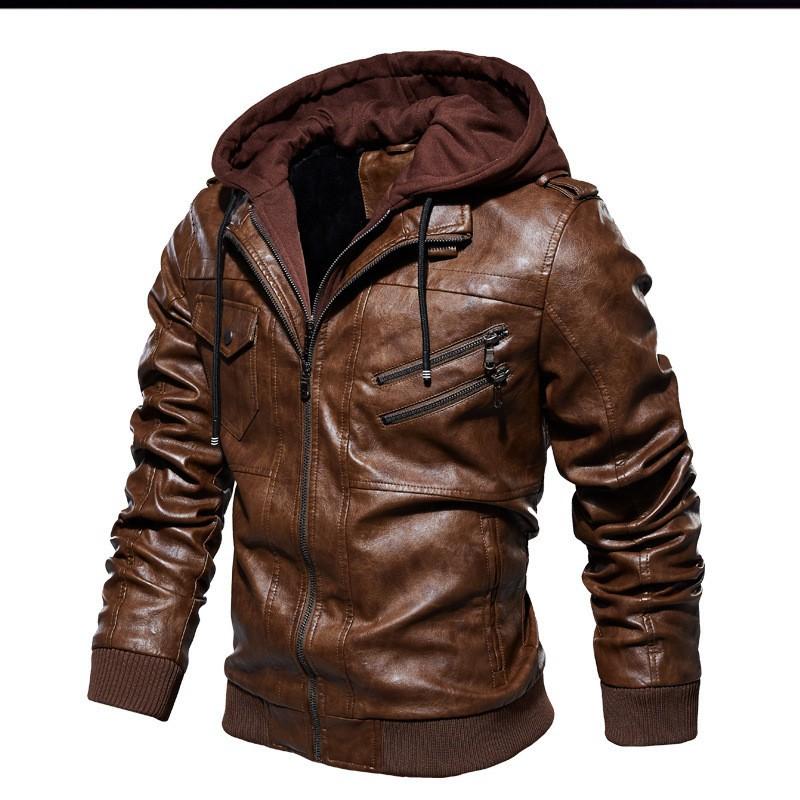 Herbst und Winter Herren PU Leder Kapuzenjacke Herren Hut Abnehmbare Motorrad Bikerjacken Lässiger großer Mantel XXL kaffeebraun von Joom DACH