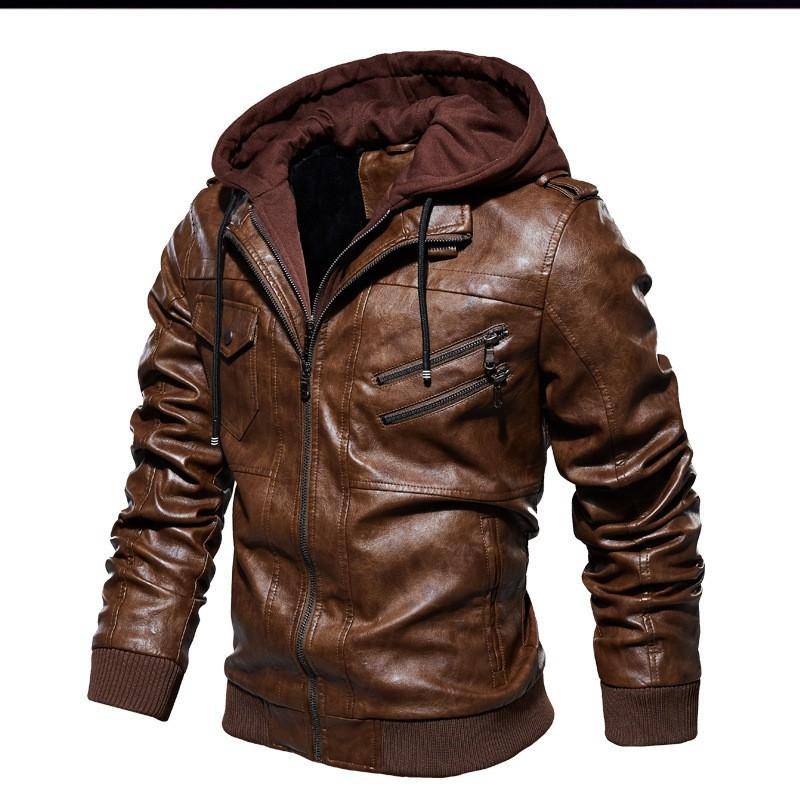 Herbst und Winter Herren PU Leder Kapuzenjacke Herren Hut Abnehmbare Motorrad Bikerjacken Lässiger großer Mantel XXL kaffeebraun von Joom DACH