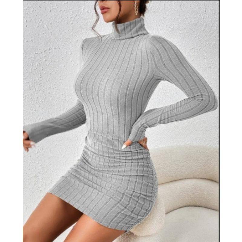 Herbst und Winter Hoher Hals Slim-Fit Pit Strip Einfarbige Abdeckung Gesäß Kleid Kleid Damen Strickkleid M licht grau von Joom DACH