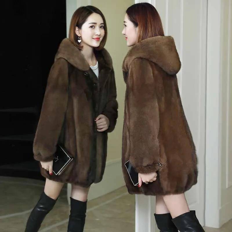Herbst und Winter Imitation Nerz Samt Pelzmantel Koreanische Version Lose Nerz Mantel Frauen Mit Kapuze Mittellange Verdickung M kaffeebraun von Joom DACH