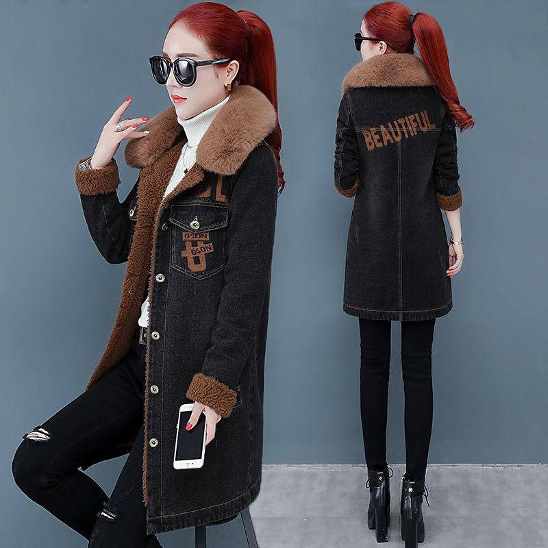 Herbst und Winter Jeansjacke Damen Plus Samt Verdickung Schlank Mittellanger Denim Parka Mantel Beflockter Mantel mit Abnehmbarem Pelzkragen XXL schwarz von Joom DACH