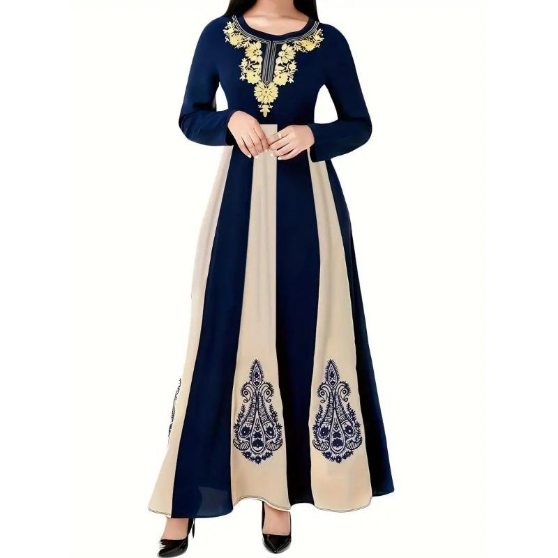 Herbst und Winter Kleid Rundhals Langarm Bedruckt A-Linie Taille Große Swing Kleid Große Größe Temperament Frauen Lange M dunkelblaue von Joom DACH