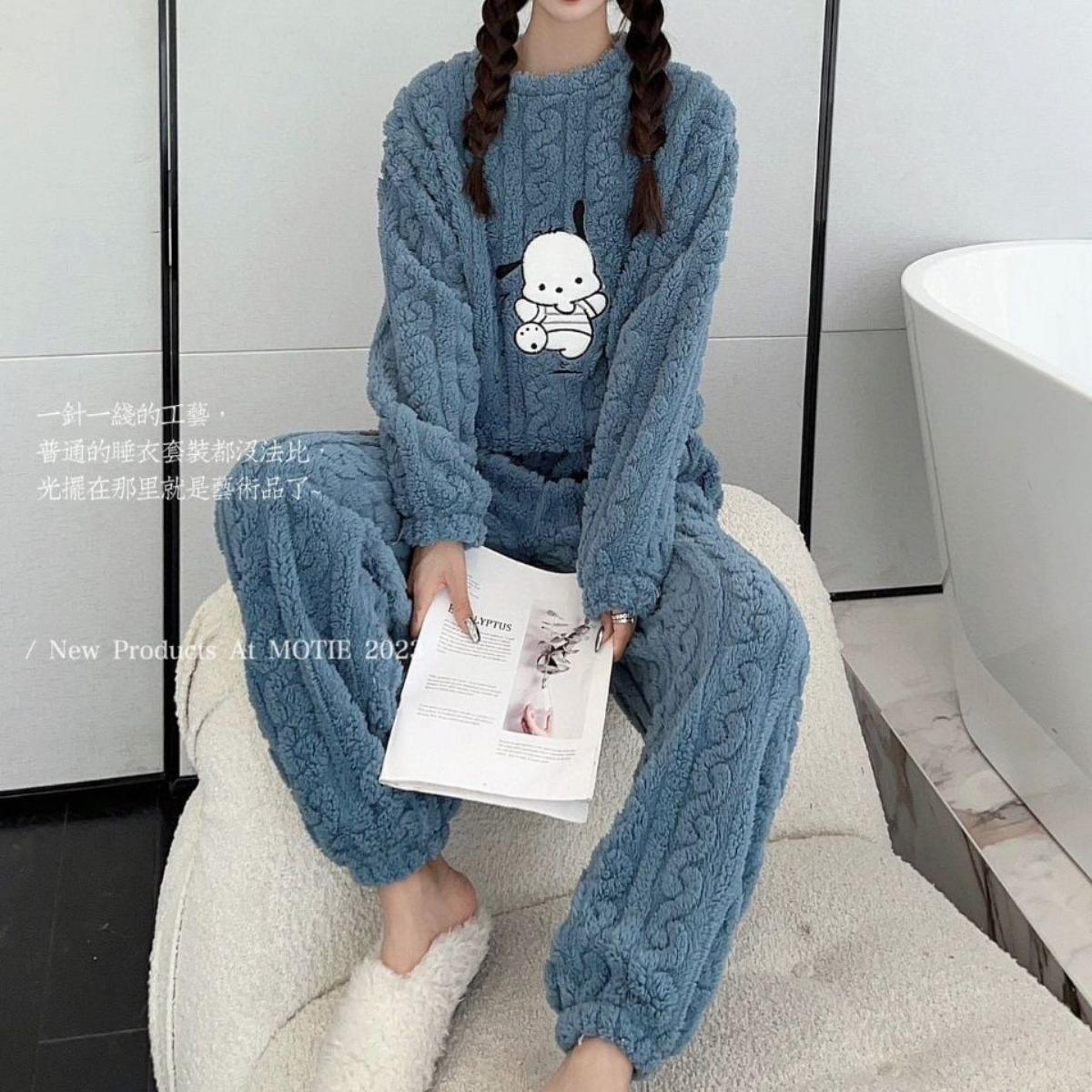 Herbst- und Winter-Korallenfleece-Pyjama für Damen, Dick und warm Flanell lang Hauskleidung, Modisches Übergrößen-Cardigan-Set one size von Joom DACH