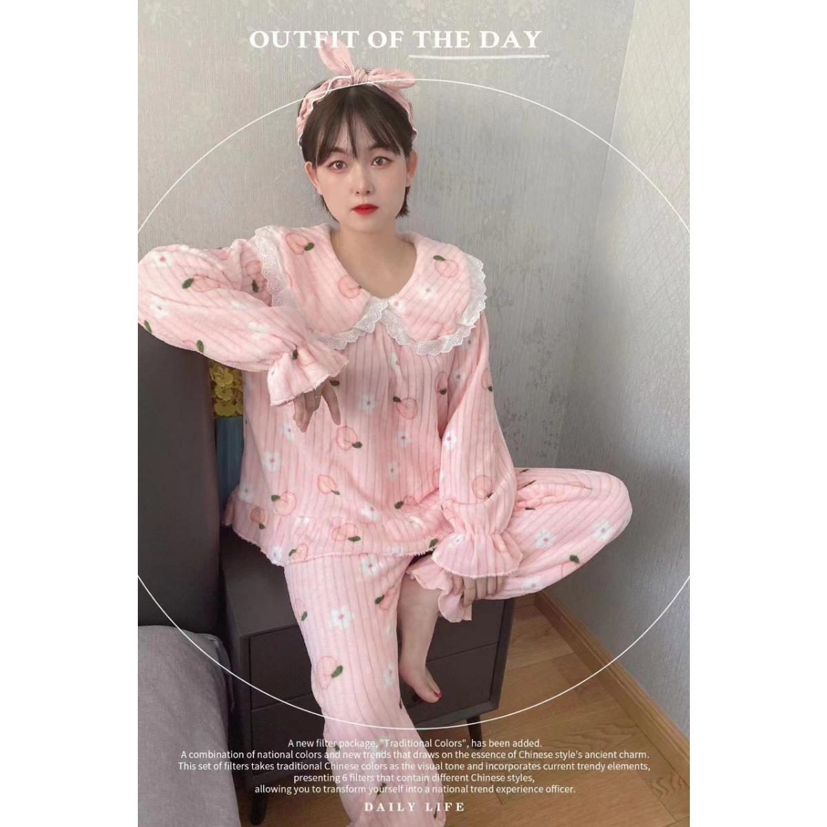 Herbst- und Winter-Korallenfleece-Pyjama für Damen, Dick und warm Flanell lang Hauskleidung, Modisches Übergrößen-Cardigan-Set one size von Joom DACH