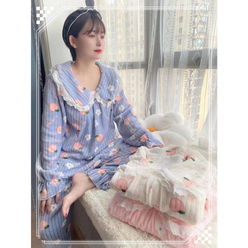 Herbst- und Winter-Korallenfleece-Pyjama für Damen, Dick und warm Flanell lang Hauskleidung, Modisches Übergrößen-Cardigan-Set one size von Joom DACH