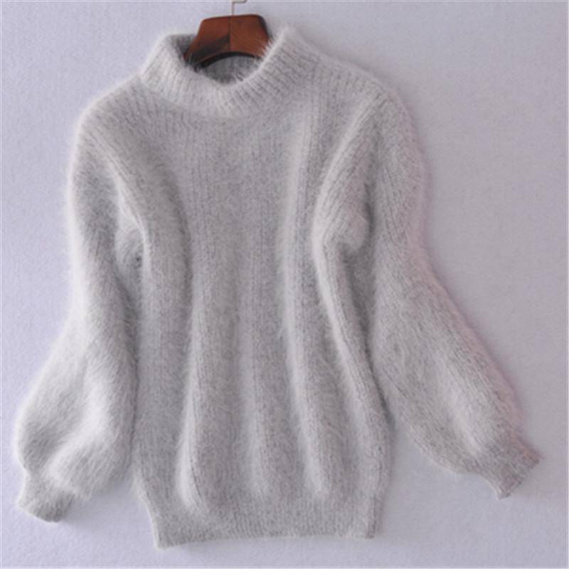 Herbst und Winter Koreanischen Stil Laterne Ärmel Imitation Nerz Samt Halbhoher Kragen Lose Einfarbig Pullover Pullover Pullover Frauen One size grau von Joom DACH