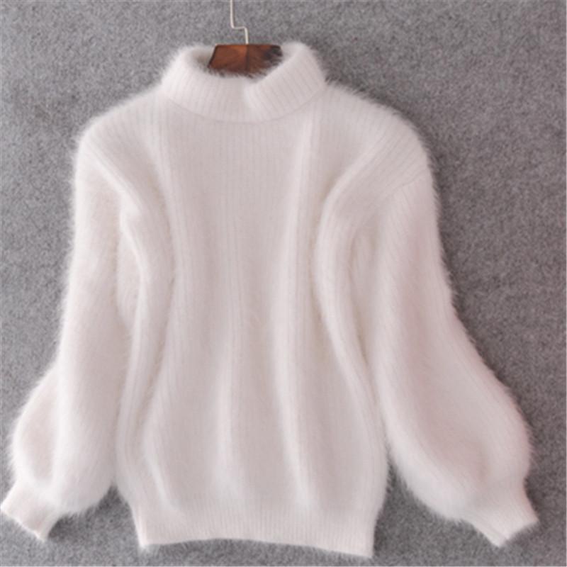 Herbst und Winter Koreanischen Stil Laterne Ärmel Imitation Nerz Samt Halbhoher Kragen Lose Einfarbig Pullover Pullover Pullover Frauen One size weiß von Joom DACH