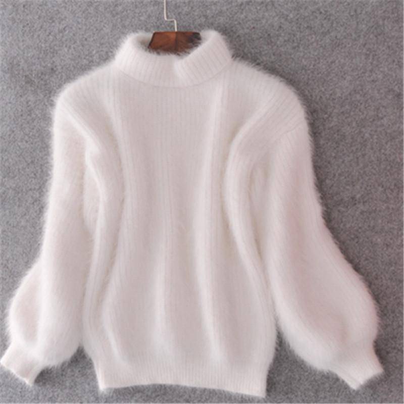Herbst und Winter Koreanischen Stil Laterne Ärmel Imitation Nerz Samt Halbhoher Kragen Lose Einfarbig Pullover Pullover Pullover Frauen One size weiß von Joom DACH