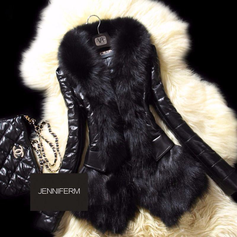 Herbst und Winter Kunstpelzmantel Kurz Damen Plus Baumwolle Dicker Ledermantel mit Kunstfuchspelzkragen Weiblicher schwarzer Ledermantel L schwarz von Joom DACH