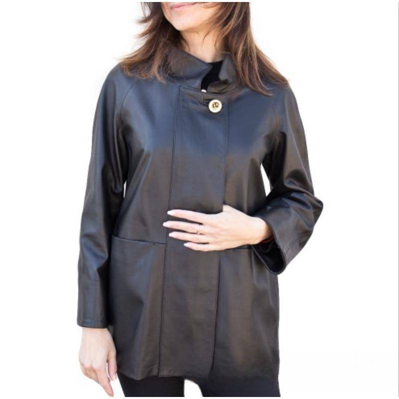 Herbst und Winter Lange Lederjacke Leder Windjacke Mantel Damen Stehkragen 5XL schwarz von Joom DACH