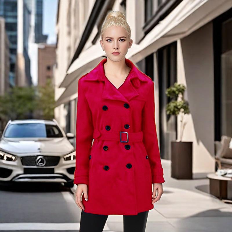 Herbst und Winter Langer Wollmantel für Damen mit tailliertem Gürtel und zweireihigem Mantel 2XL rot von Joom DACH