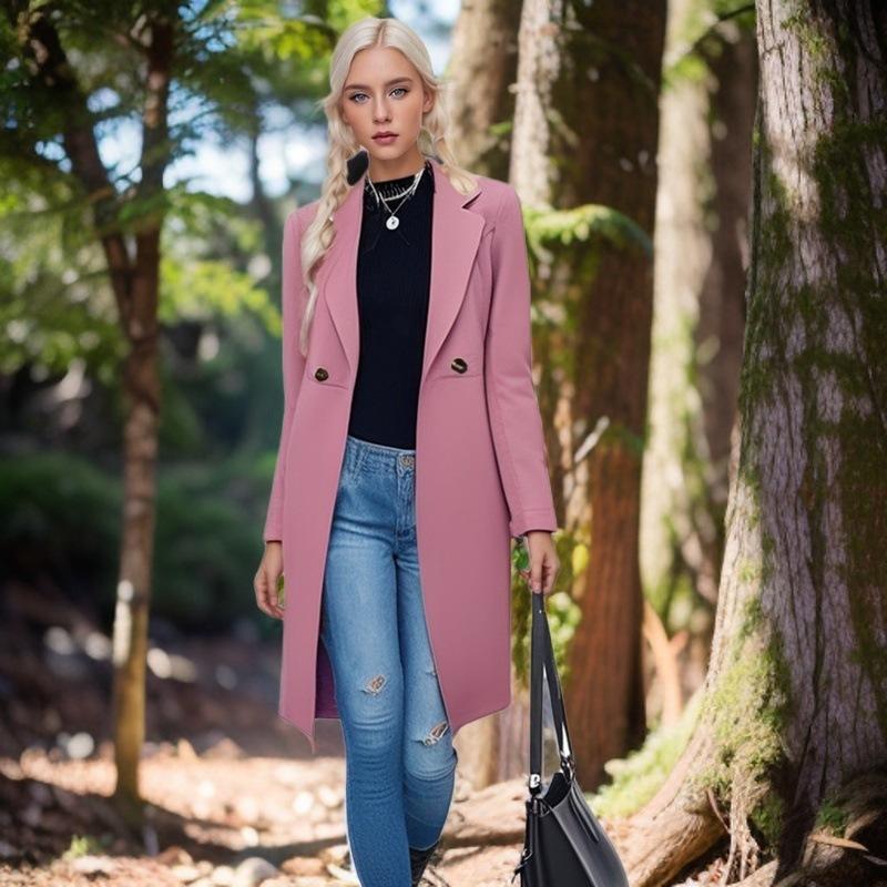 Herbst und Winter Langer Wollmantel für Damen mit tailliertem Gürtel und zweireihigem Mantel M rosa von Joom DACH